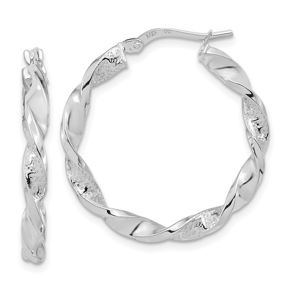 14k White Gold Polished and Textured Twisted Hoop Earrings - Picture 1 of 4